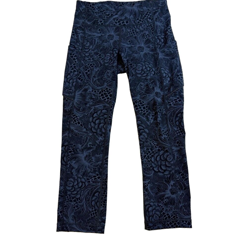 Lululemon Leggings Womens 4 Blue Black Floral Crop Capri Yoga Running Pockets